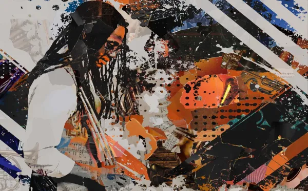 A collage of ripped paper makes an image of a student performing holding drum sticks