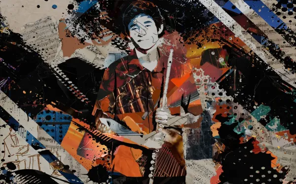 a collage of ripped paper makes up an image of a student with his flute