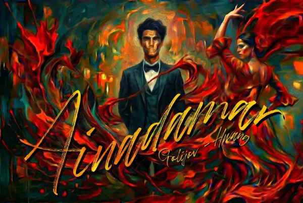 An impressionistic paining of Federico García Lorca in his iconic suit and bowtie stands contemplatively, while a flamenco dancer dances around him, enveloping him in the red waves of her dress.
