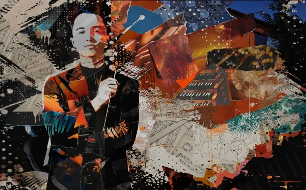 A collage of ripped paper makes an image of a choral student with a conducting baton