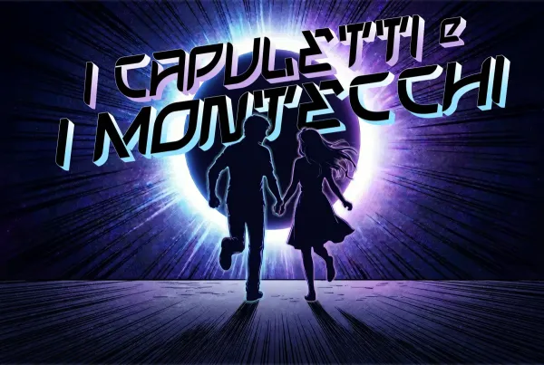 a manga style image of a young man and lady holding hands and running into a barren, alien landscape, they are silhouetted by a giant moon or planet in eclipse taking up most of the sky