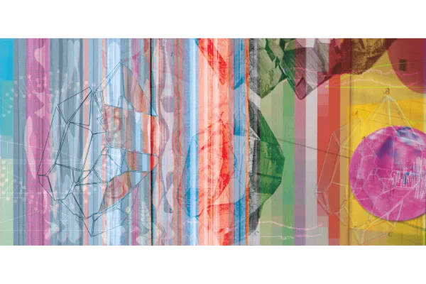 A still from a video collage featuring colorful lines and geometric shapes