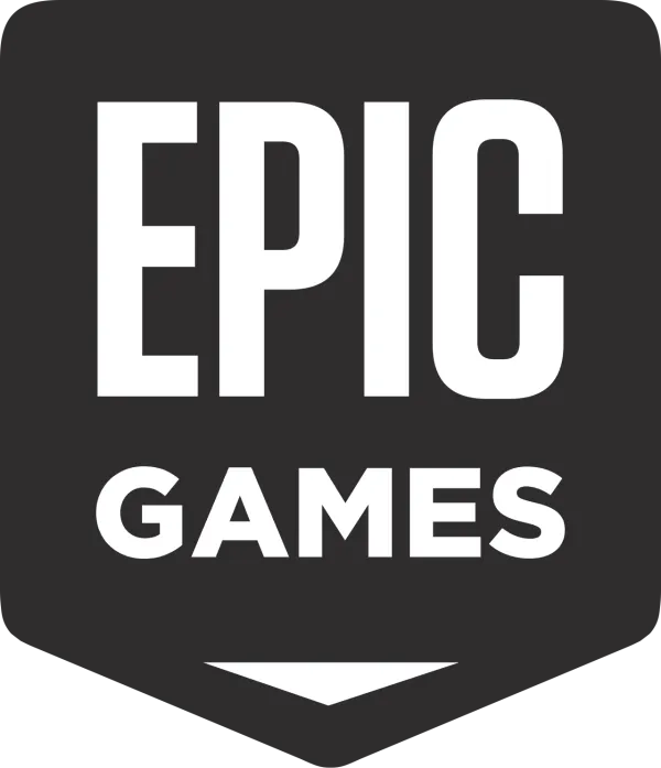 EPIC Games logo written in larger white letters over a black rectangle/triangle shaped text box