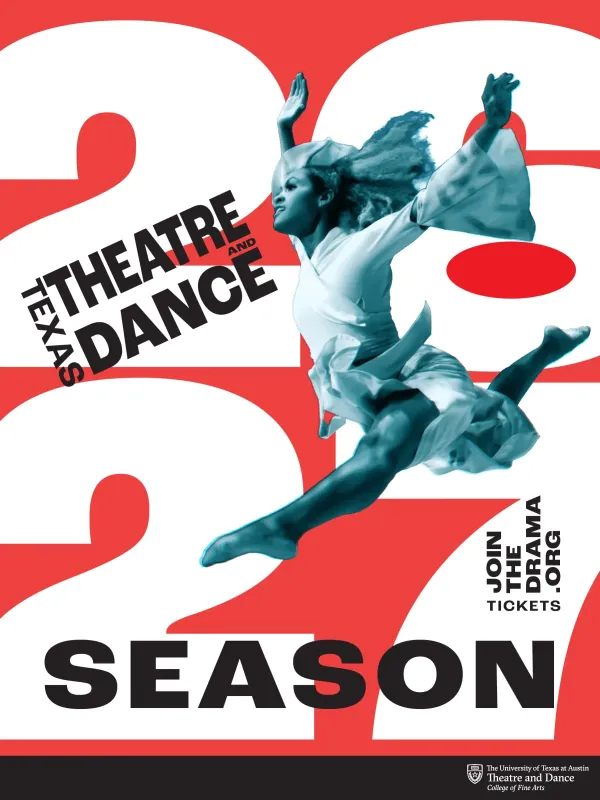 A red and white graphic for the Texas Theatre and Dance 2026 2027 season with a dancer leaping across the center