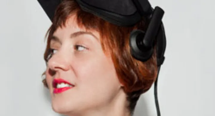 Amelia Winger Bearskin wearing a virtual reality headset 