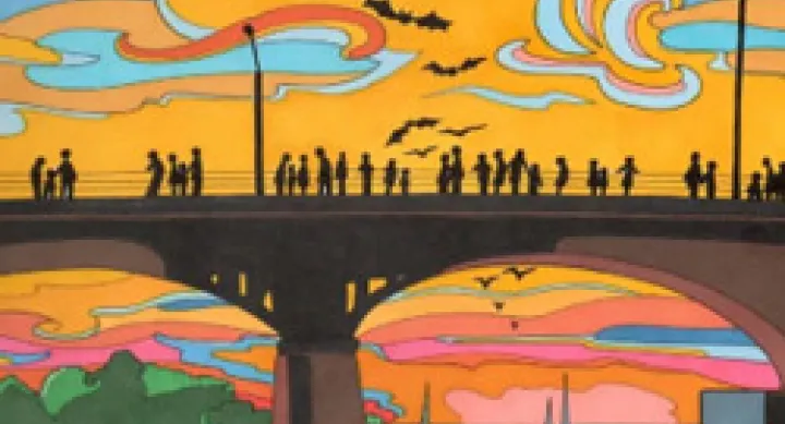 coloring book Austin bat bridge scene