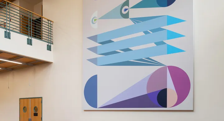 Viewers look at large-scale print by Eamon Ore-Giron