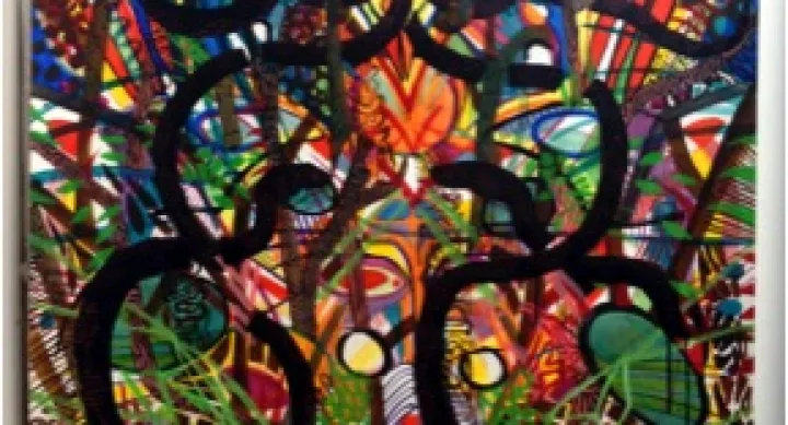 Two snakes appear through a dense background of patterns