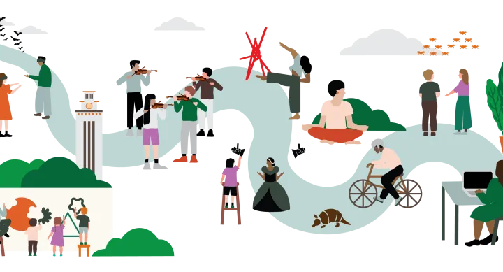 An illustration showing an abstract roadmap with illustrations of artists, performers and students