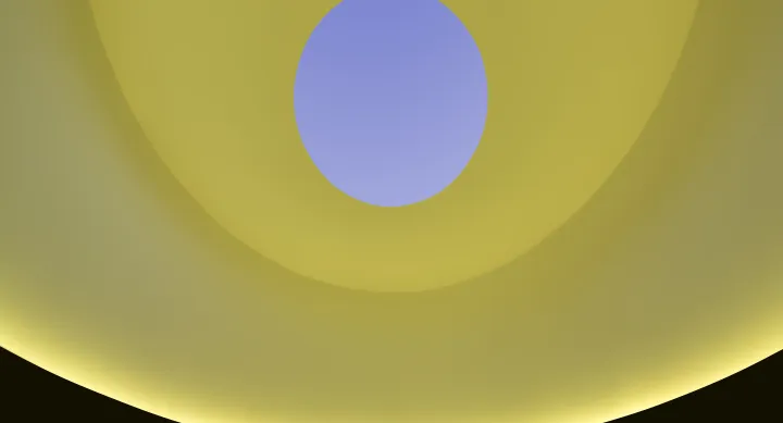 A curved room is lit yellow, while an open oculus in the ceiling reveals a lavender sky.