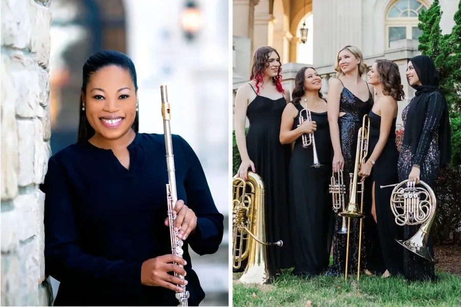 Side by side pictures of Ebonee Thomas leaning against a wall holding her flute, and Seraph Brass standing together with their instruments