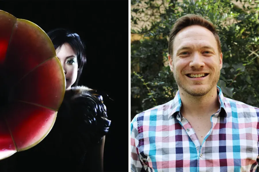 Side by side photos of composer Bora Yoon behind a gramophone and oboist Andy Parker smiling in front of trees.