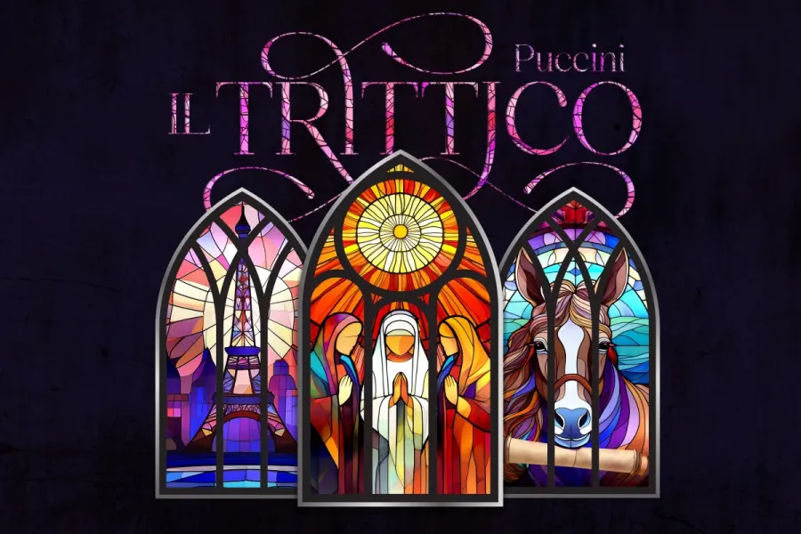 Graphic renderings of three stained glass windows with symbolism from each opera of Il Trittico: The Eiffel Tower, three nuns, and a horse carrying a message.