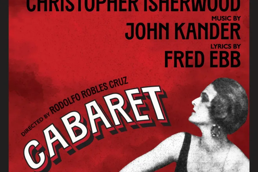 A smokey red graphic for CABARET, featuring a black and white image of a woman looking to her side with her hand on her hip