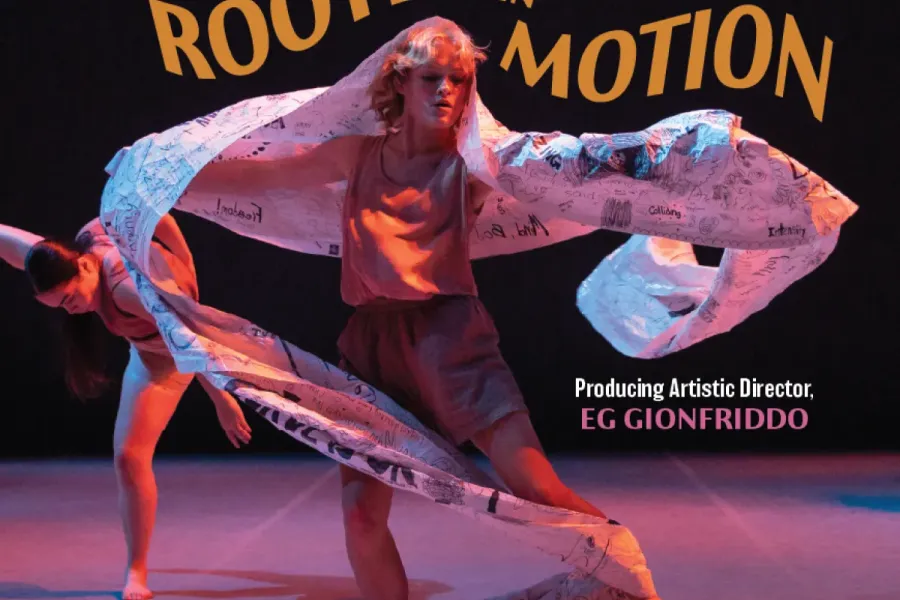 A graphic for ROOTED IN MOTION featuring a dance with their arms spread out and a large paper with sketches and writing draped over their shoulders