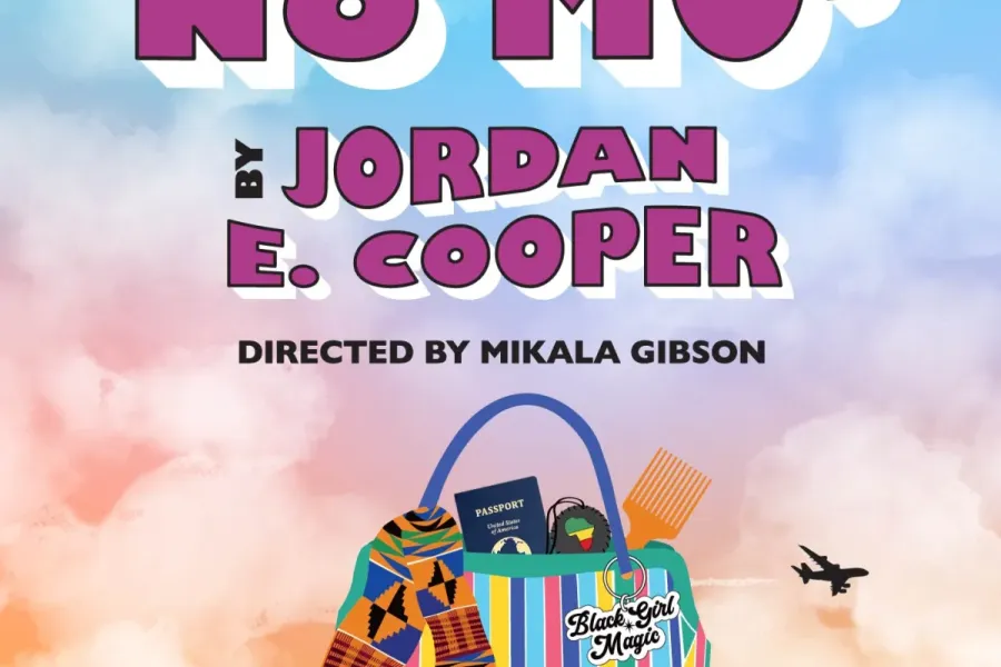 Graphic for AIN'T NO MO', featuring a colorful bag with items spilling out of it and an airplane flying through a sunset sky