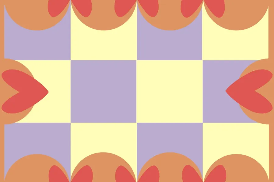 graphic with checkerboard pattern with scalloped border overlaid with abstract hearts