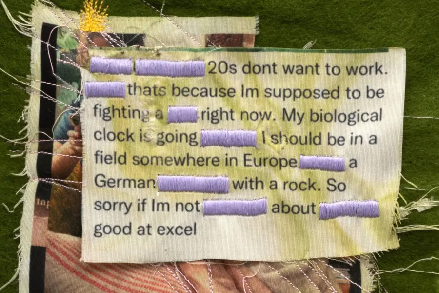 composite image showing cloth printed with text with certain words redacted with purple embroidery thread