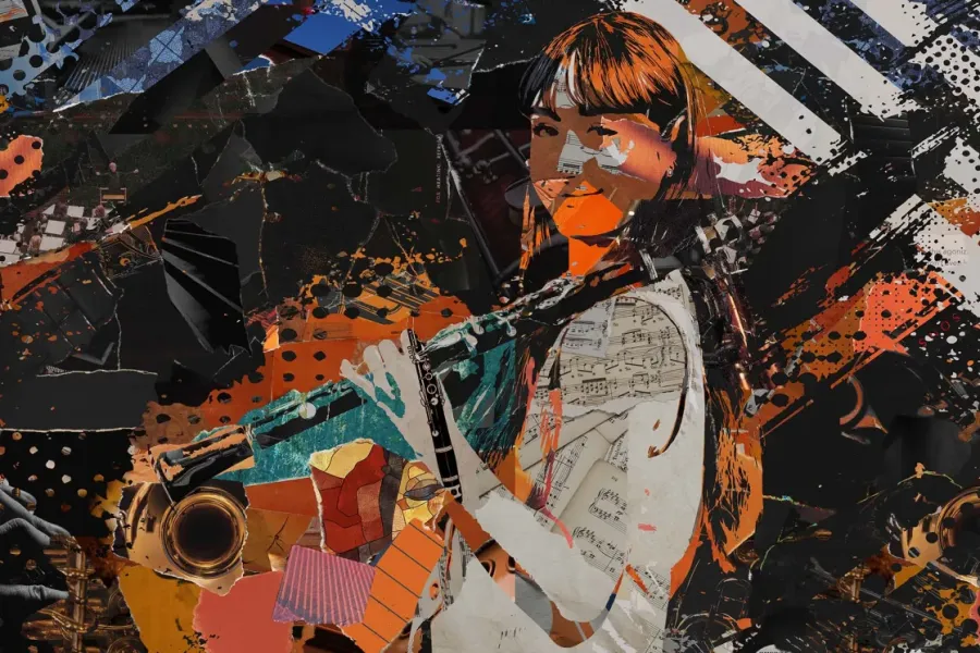 a collage of ripped paper makes an image of a student with a clarinet