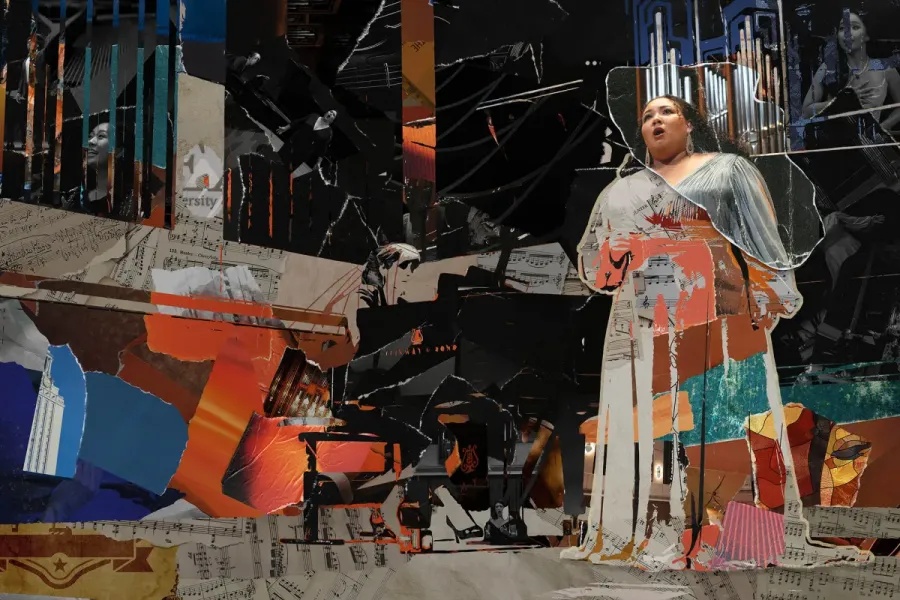 A collage of torn paper that creates an image of a singer and pianist on a concert hall stage