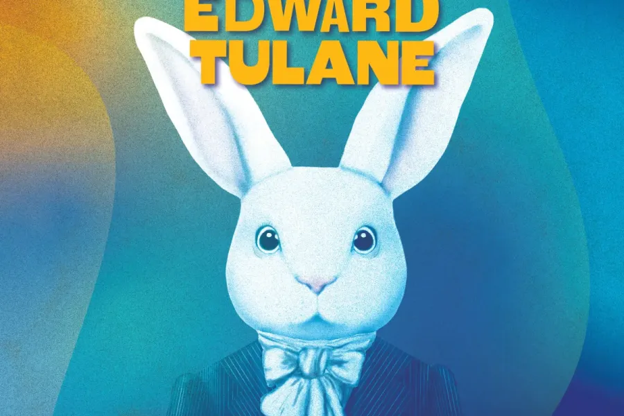 A graphic illustration of a white rabbit wearing a suit