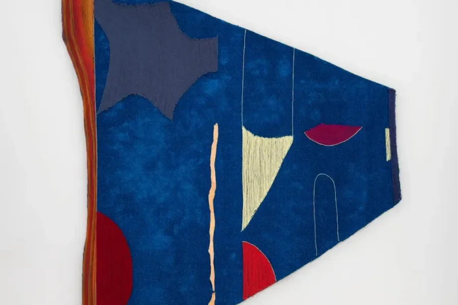 "I'll Dig," 2024 yarn, buckskin and astroturf 76.5 x 70.5 inches, by artist Teresa Baker